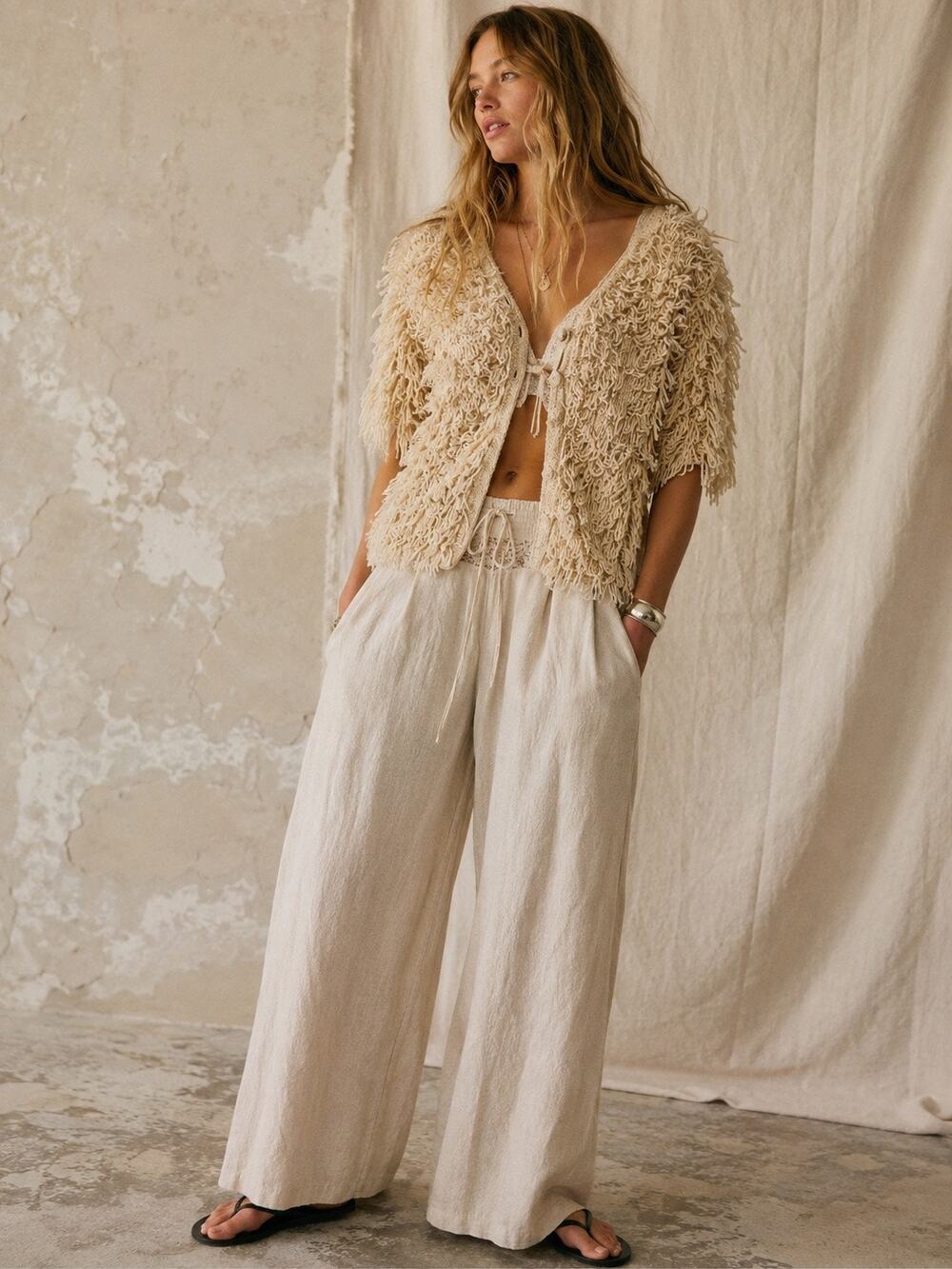 Handmade Loop Fringe Crochet Button-Front Boho Cardigan Cream
